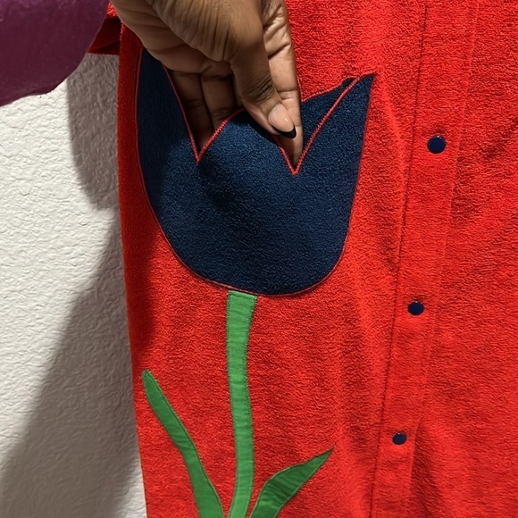 70s Models Coat Tulip Pocket Robe House Coat Sz 16 Red  Button-Up Robe Vintage - Picture 7 of 9